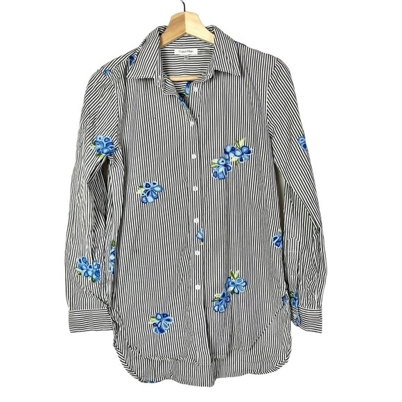 Calvin Klein Floral Embroidered Stripe Boyfriend Long Sleeve Button Down XS - Picture 2 of 5